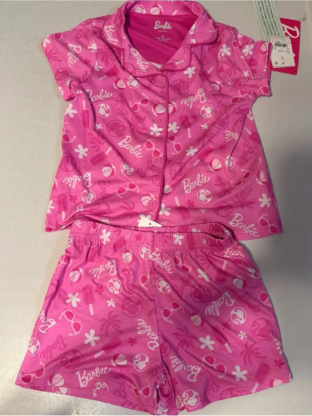 Barbie Hot Pink Short Sleeve Pajama Set with Summer Print 4T New